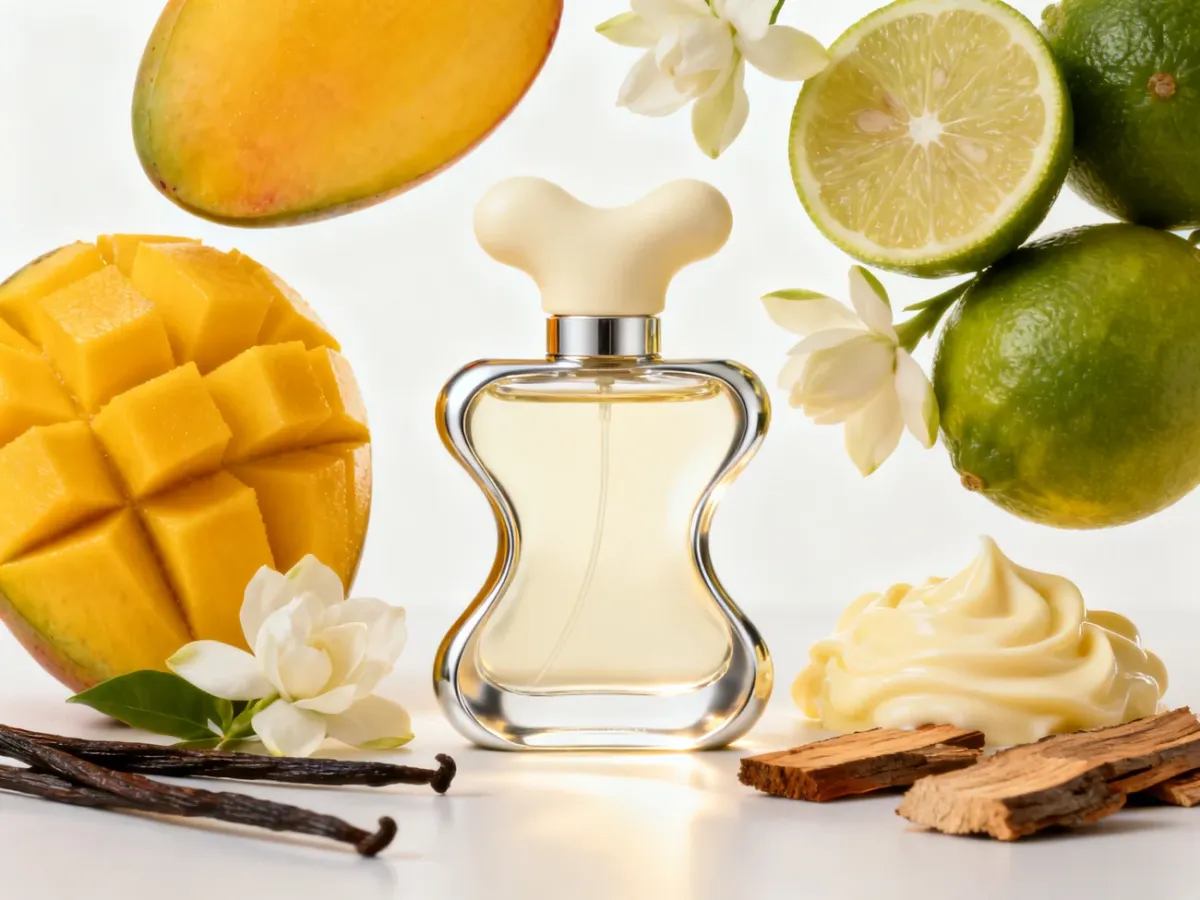Nowoczesny futurystyczny flakon perfum z mango, bergamotką i kwiatami jaśminu