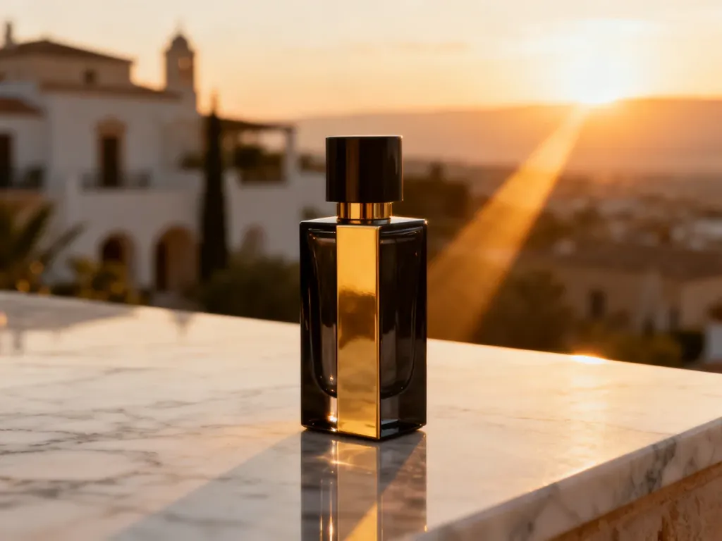 Elegancki flakon perfum Naxos na marmurowym blacie w promieniach zachodzącego słońca, nawiązujący do śródziemnomorskiego stylu.