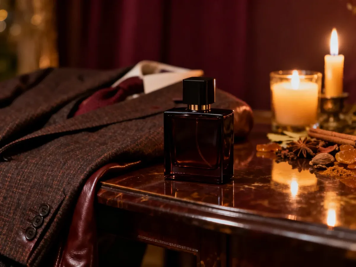 Ciemny flakon perfum w eleganckiej, nastrojowej scenerii wieczornej