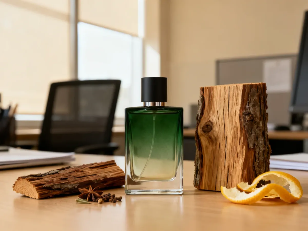 Flakon męskich perfum otoczony cytrusami, cedrem i przyprawami