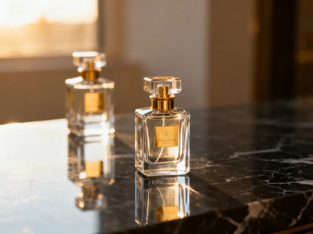Dwa luksusowe flakony perfum Versace na marmurowym blacie, prezentujące elegancki design i grę światła.