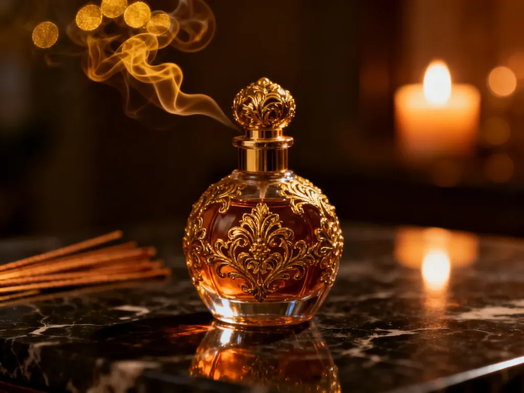 Luksusowy flakon perfum Amouage ze złotymi zdobieniami na marmurowym blacie w otoczeniu nastrojowego dymu kadzideł.