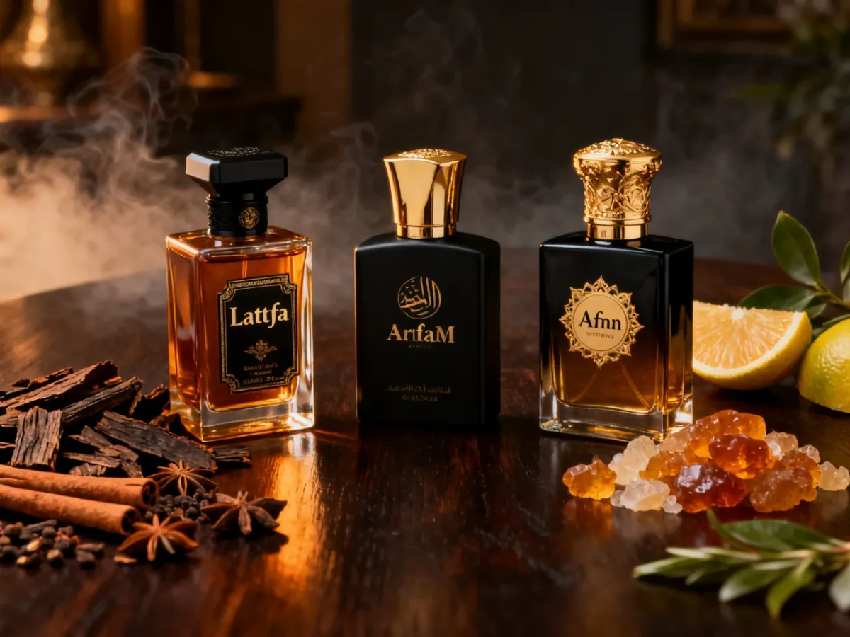 Trzy eleganckie flakony arabskich perfum męskich otoczone oudem, przyprawami i ambrą