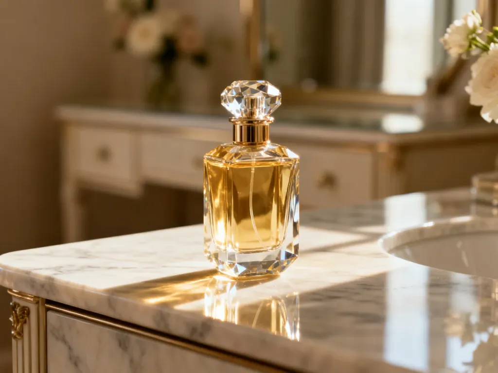 Elegancki flakon perfum Armani na marmurowym blacie w promieniach porannego słońca.