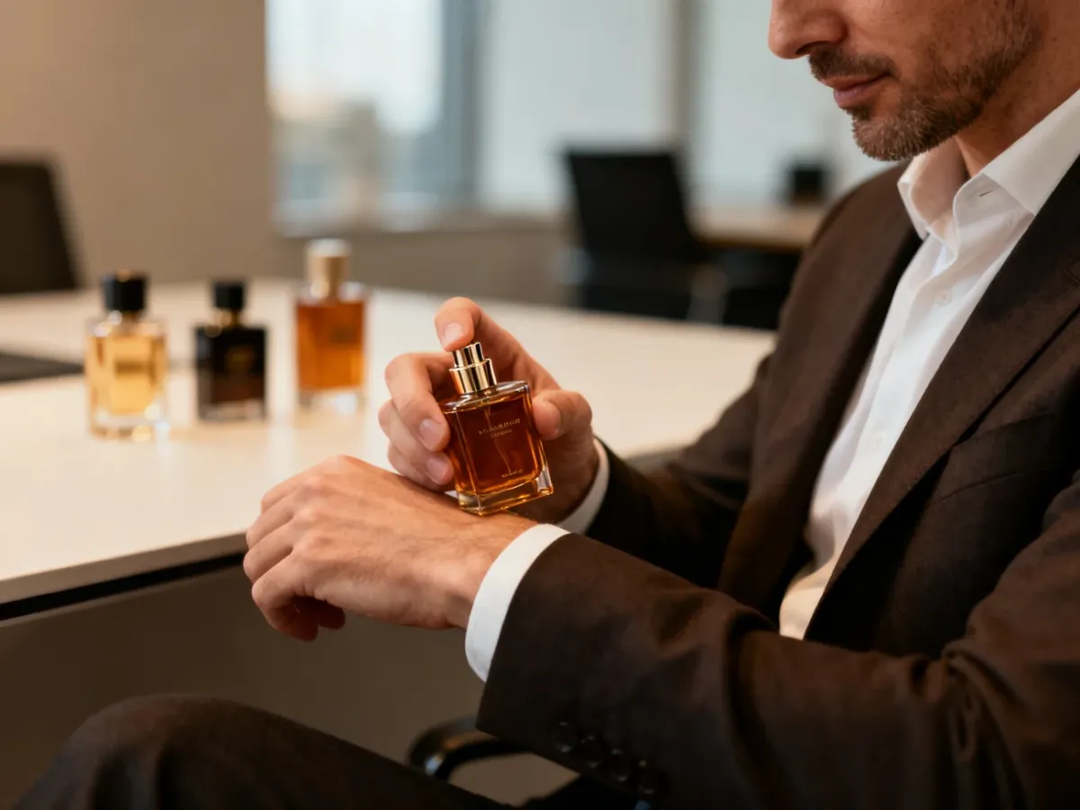 Mężczyzna testujący intensywne perfumy w nowoczesnym biurze