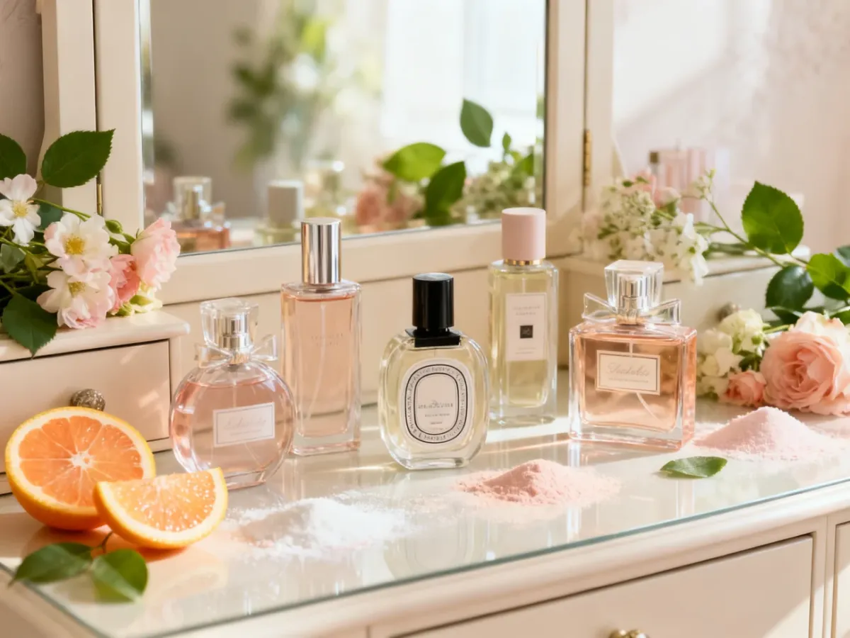 Eleganckie perfumy damskie otoczone cytrusami, kwiatami i zielonymi akcentami