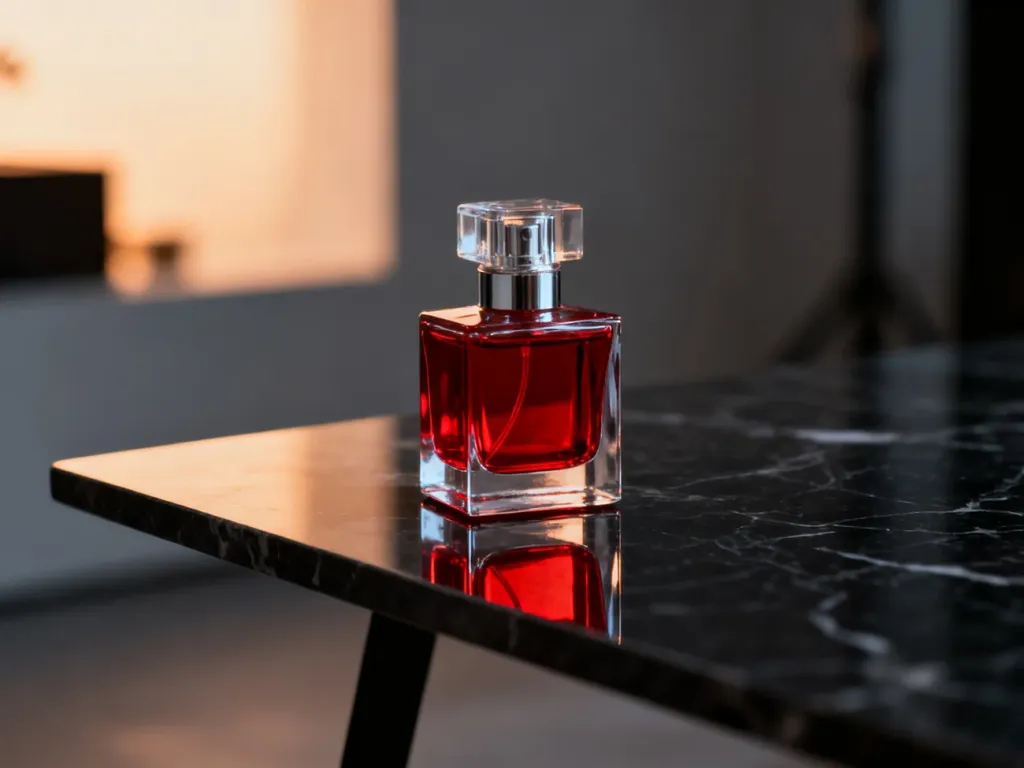 Elegancki flakon perfum Lacoste Red na ciemnym marmurowym blacie w ciepłym świetle.