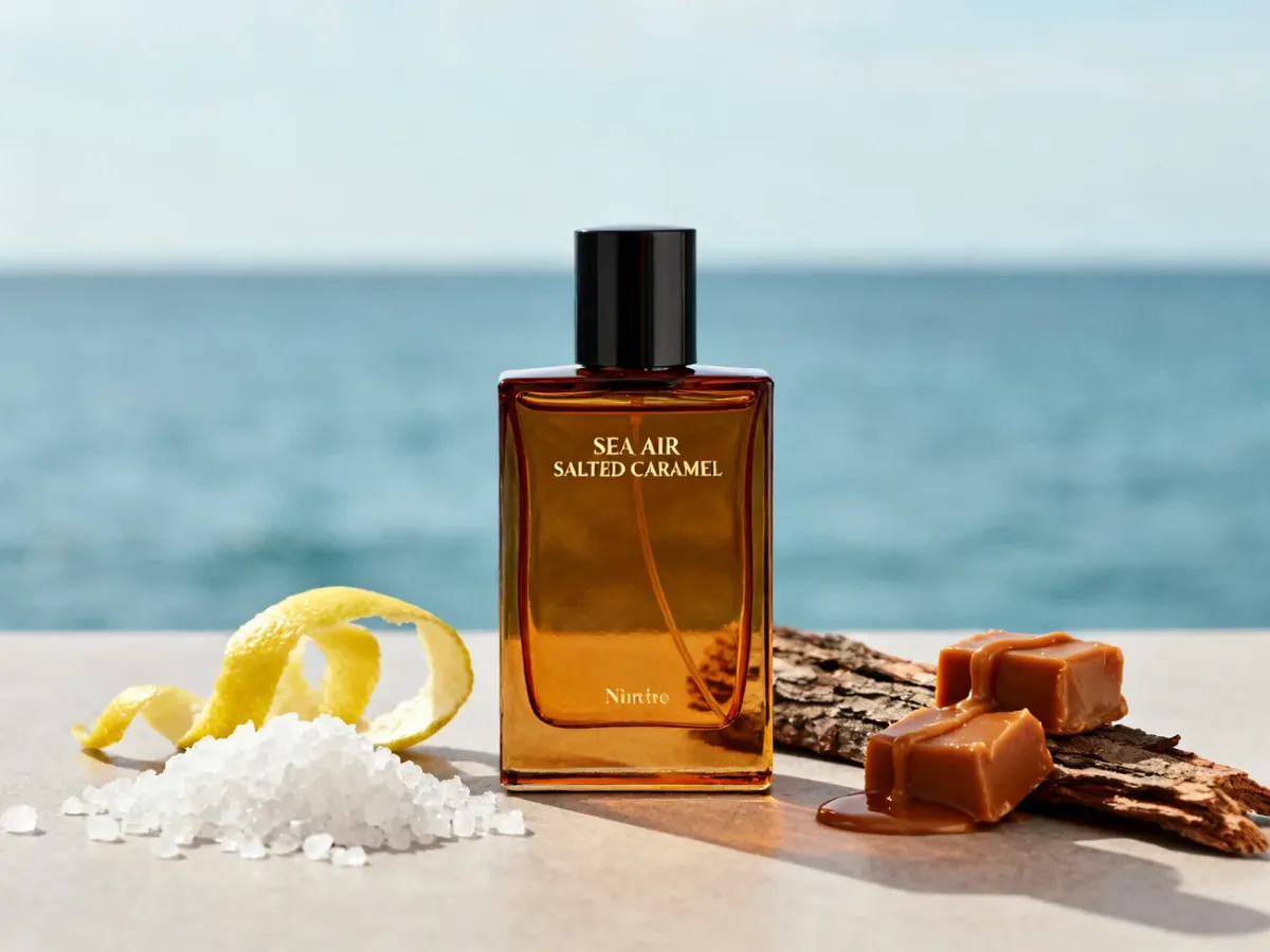Elegancki flakon perfum otoczony solą morską, cytryną i karmelem