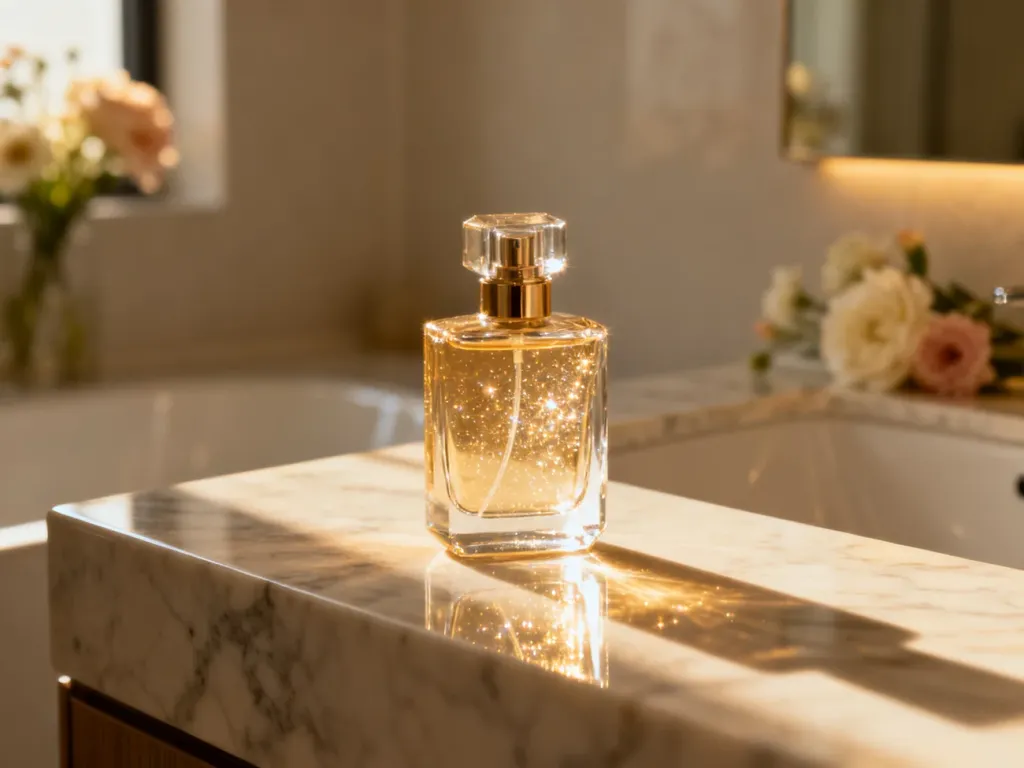 Elegancki flakon perfum na marmurowym blacie w ciepłym świetle, podkreślający luksusowy charakter produktu.