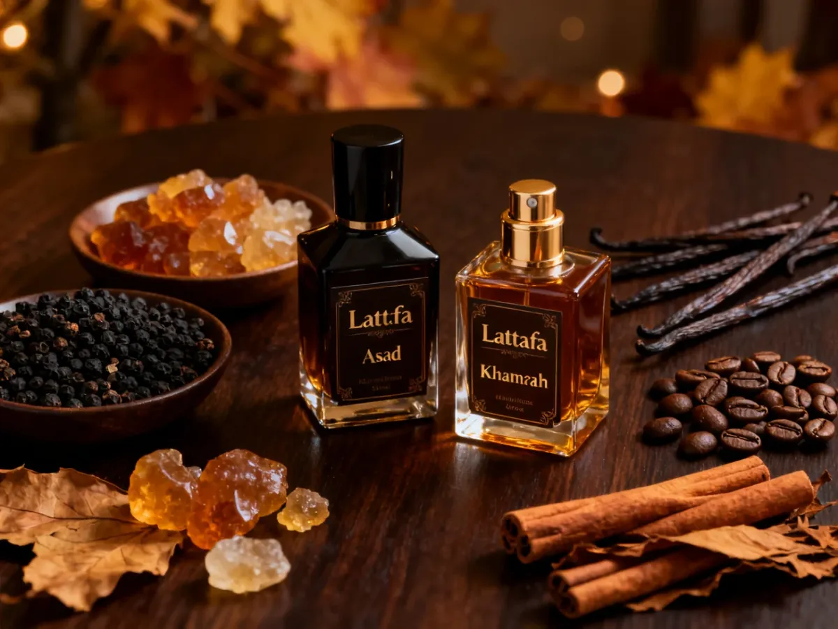 Perfumy Asad i Khamrah w otoczeniu przypraw, wanilii i ambry