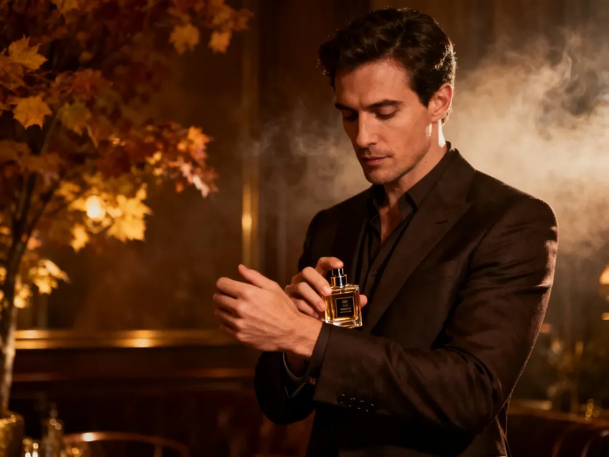 Mężczyzna w eleganckim stroju aplikuje intensywne perfumy przed wieczornym wyjściem