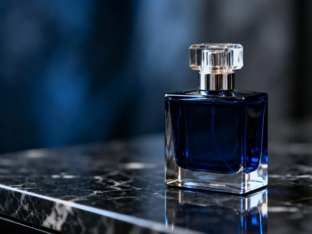 Elegancki flakon perfum Bleu de Chanel na ciemnym marmurowym blacie, podkreślający luksusowy i tajemniczy charakter zapachu.