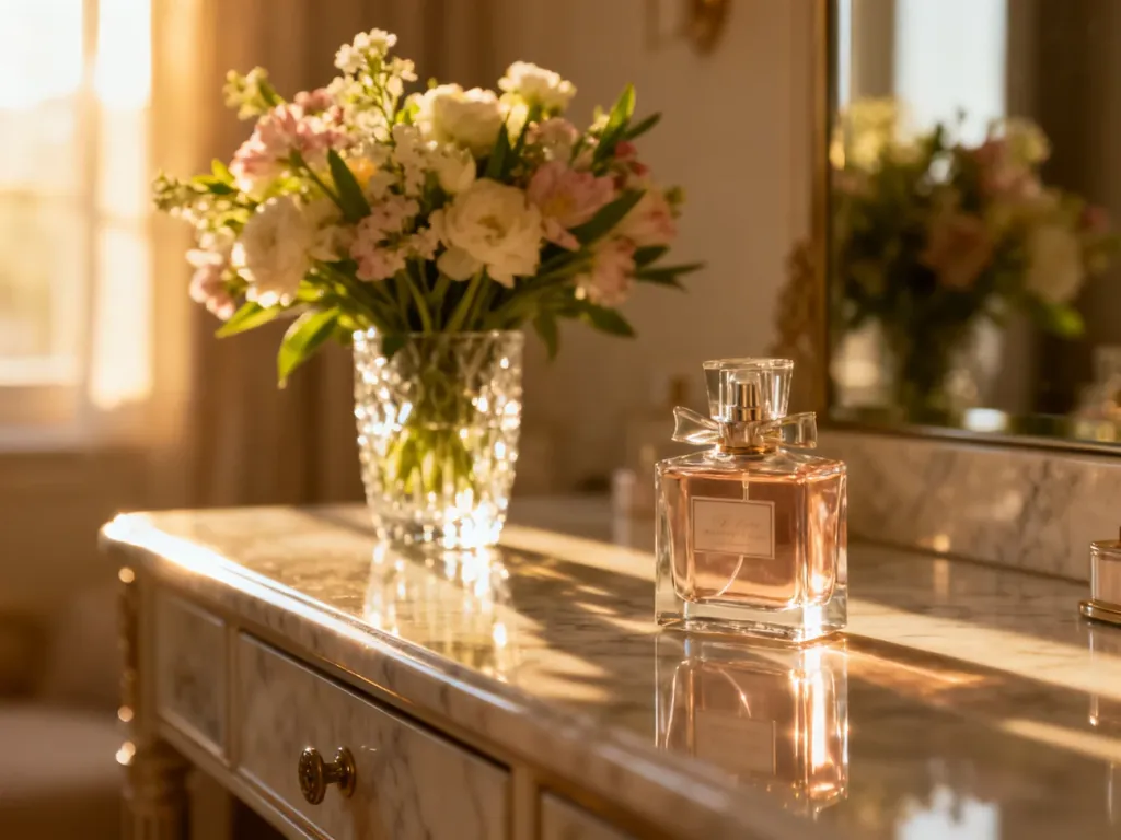 Elegancki flakon perfum na marmurowym blacie w otoczeniu wiosennych kwiatów, podkreślający luksusowy charakter zapachu.