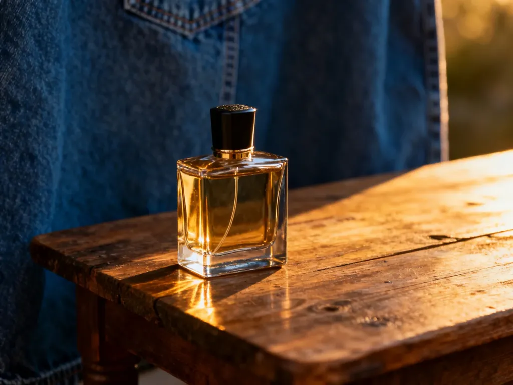 Flakon perfum Versace Blue Jeans na drewnianym stole w otoczeniu tkaniny dżinsowej, oświetlony ciepłym światłem słonecznym.