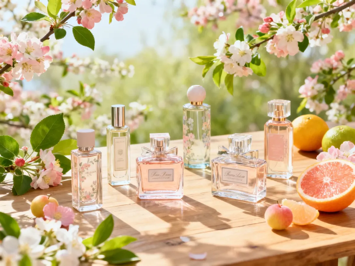 Różnorodne wiosenne perfumy damskie wśród kwiatów i owoców