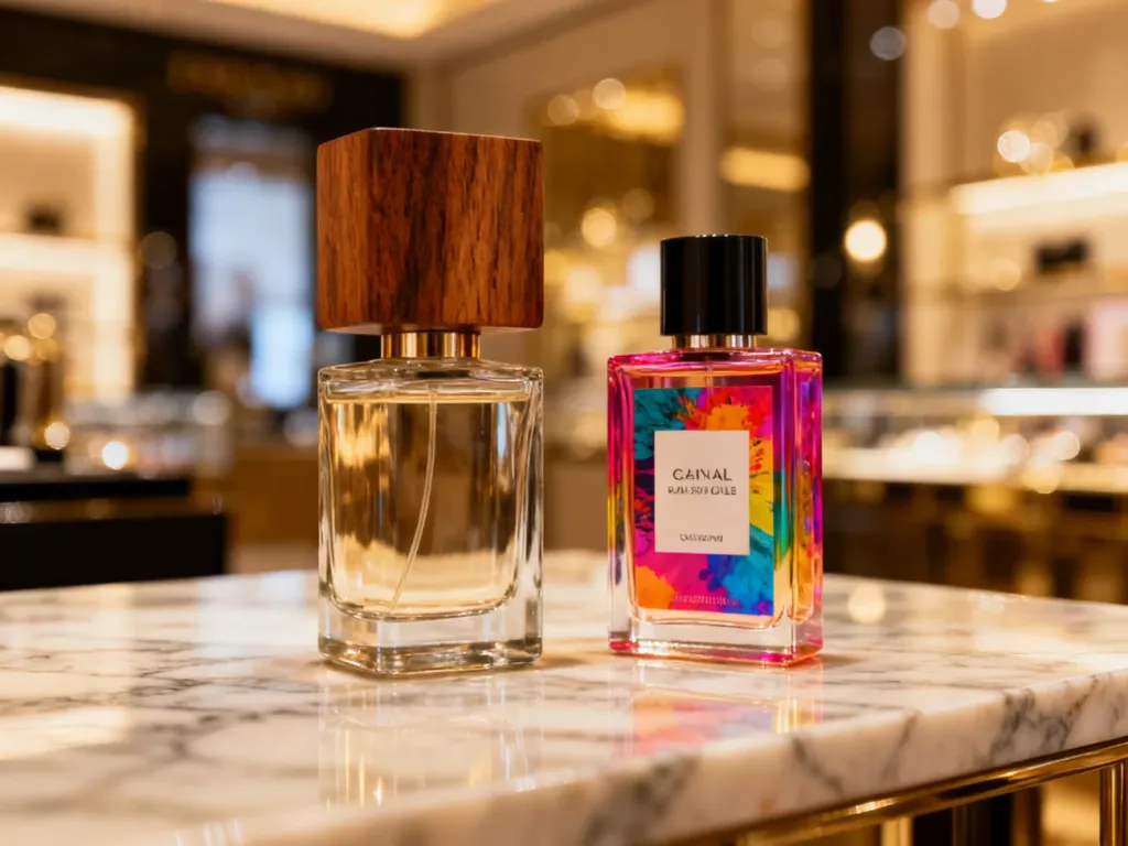 Porównanie minimalistycznego flakonu perfum niszowych z kolorową butelką perfum drogeryjnych na marmurowym blacie.