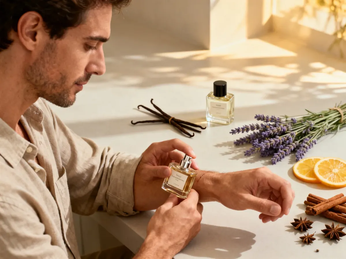 Mężczyzna testujący waniliowe perfumy na nadgarstku