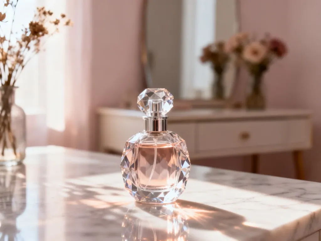 Elegancki flakon perfum na marmurowym blacie w promieniach porannego słońca, tworzący romantyczny i luksusowy nastrój.