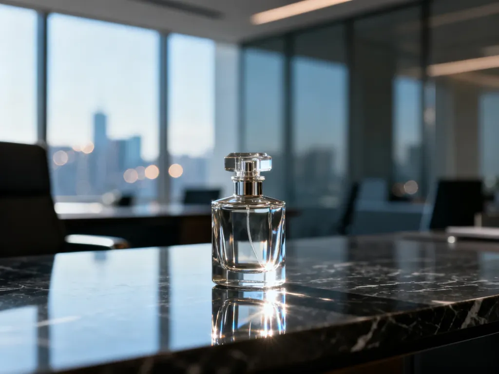Elegancki flakon perfum na marmurowym biurku w nowoczesnym biurze, podkreślający profesjonalny wizerunek mężczyzny.