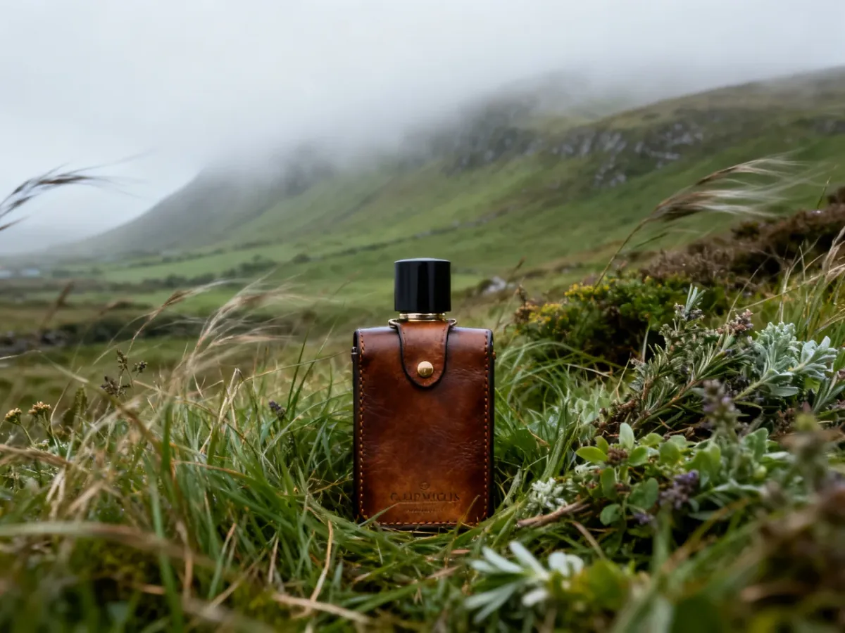 Flakon skórzanych perfum na tle zielonego, chłodnego irlandzkiego krajobrazu