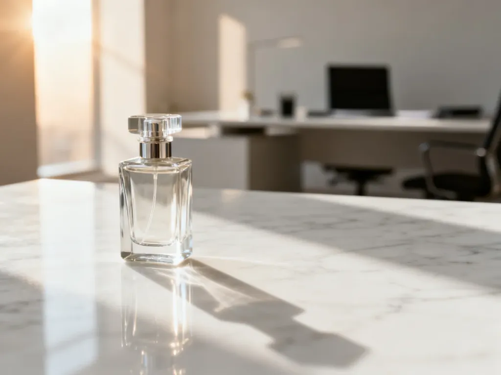 Elegancki flakon perfum na marmurowym blacie w biurowym wnętrzu, podkreślający profesjonalny i subtelny styl.
