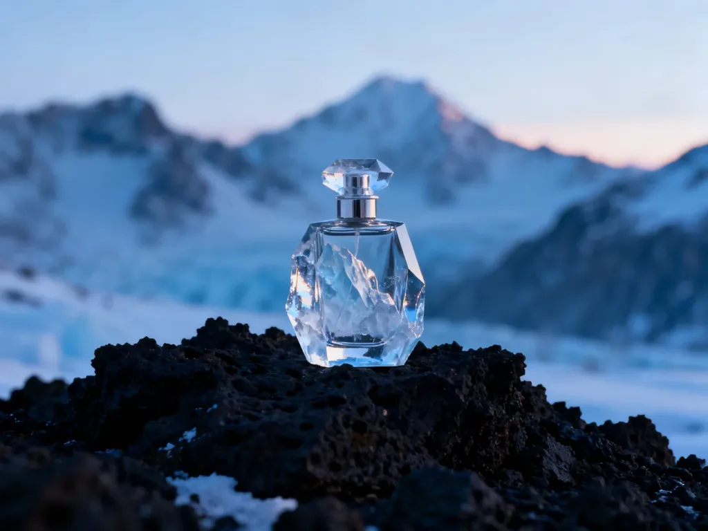 Elegancki flakon perfum Glacier na tle surowej, wulkanicznej skały w zimowej scenerii.