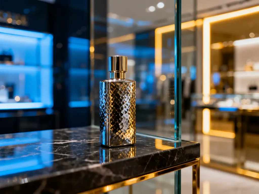 Elegancki flakon perfum Paco Rabanne na ciemnym marmurowym blacie w luksusowym wnętrzu butiku.