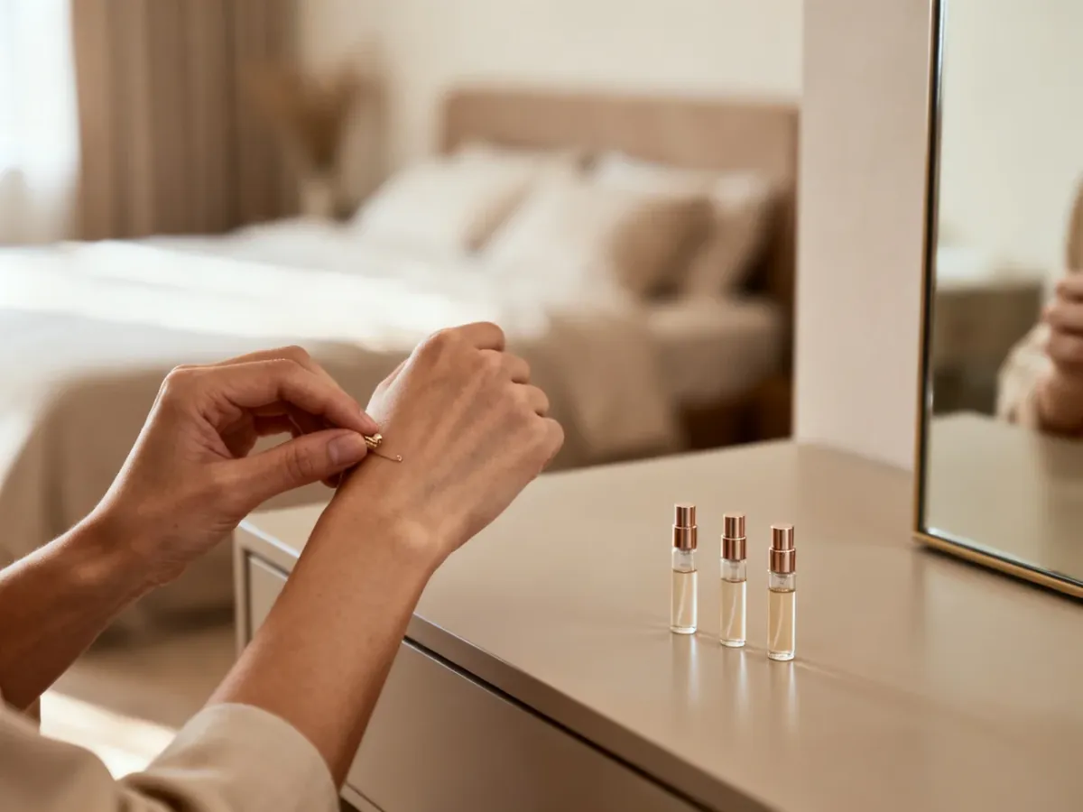Testowanie perfum na nadgarstku przy użyciu próbek