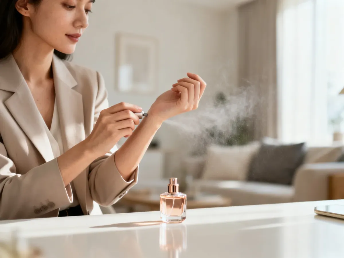 Kobieta delikatnie aplikuje perfumy na nadgarstek