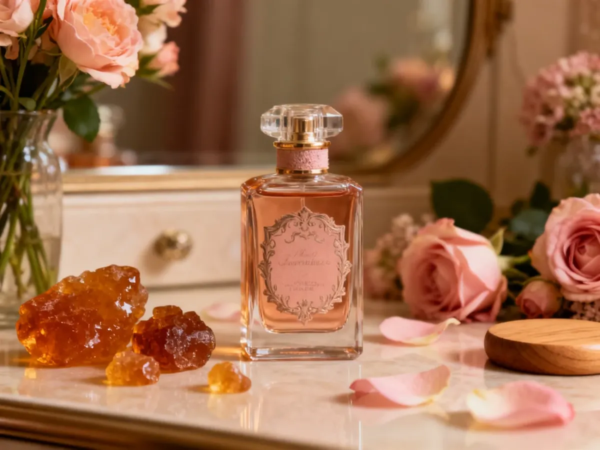 Elegancki flakon niszowych perfum w otoczeniu kwiatów, ambry i drewna
