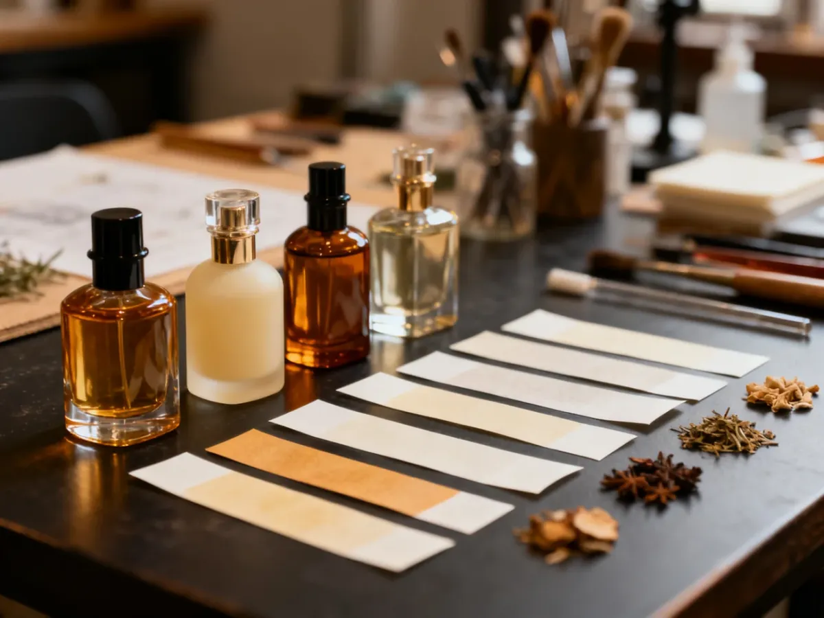 Unbranded perfume bottles and ingredients arranged for analyzing a brand’s scent style