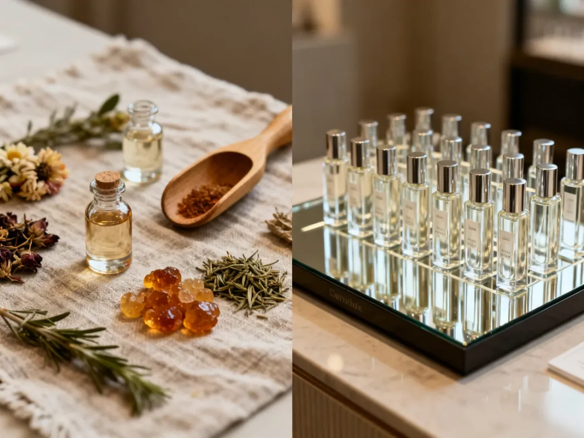 Porównanie niszowych i mainstreamowych perfum w eleganckich aranżacjach