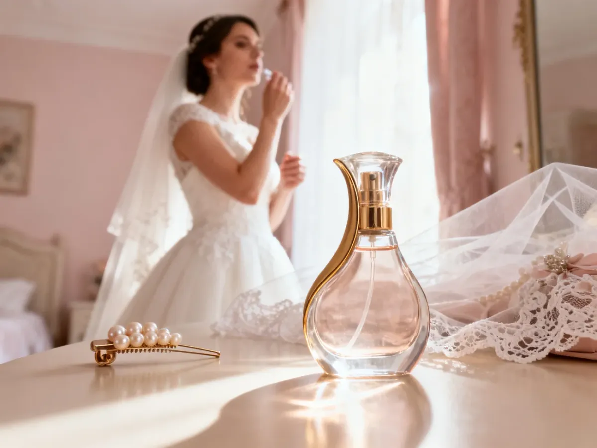 Panna młoda w białej sukni przygotowująca się do aplikacji perfum