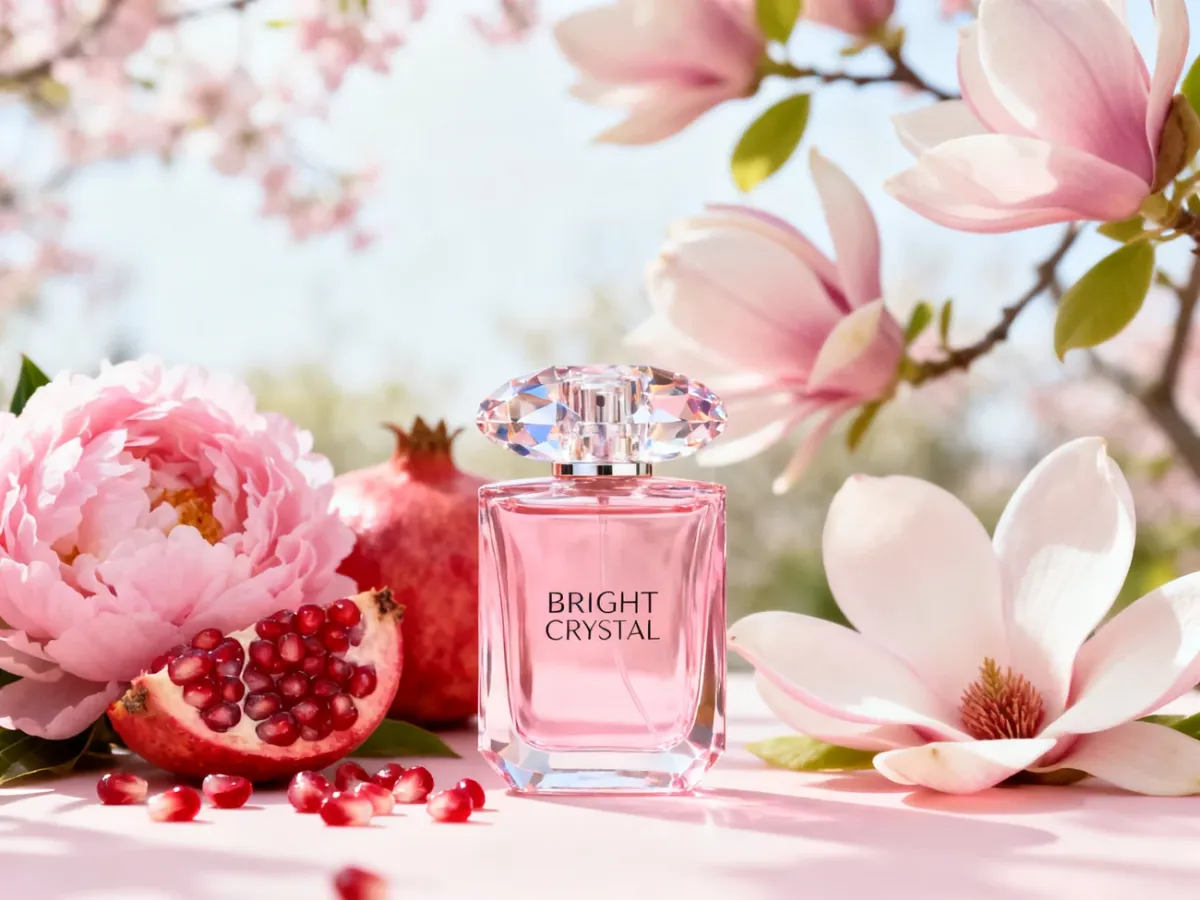 Różowy flakon Bright Crystal wśród kwiatów i owoców