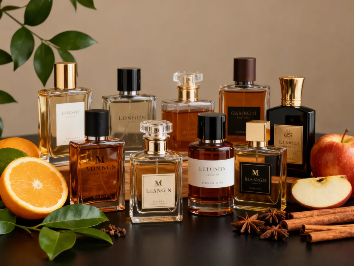 Elegancka kompozycja męskich flakonów perfum w otoczeniu cytrusów, przypraw i drewna