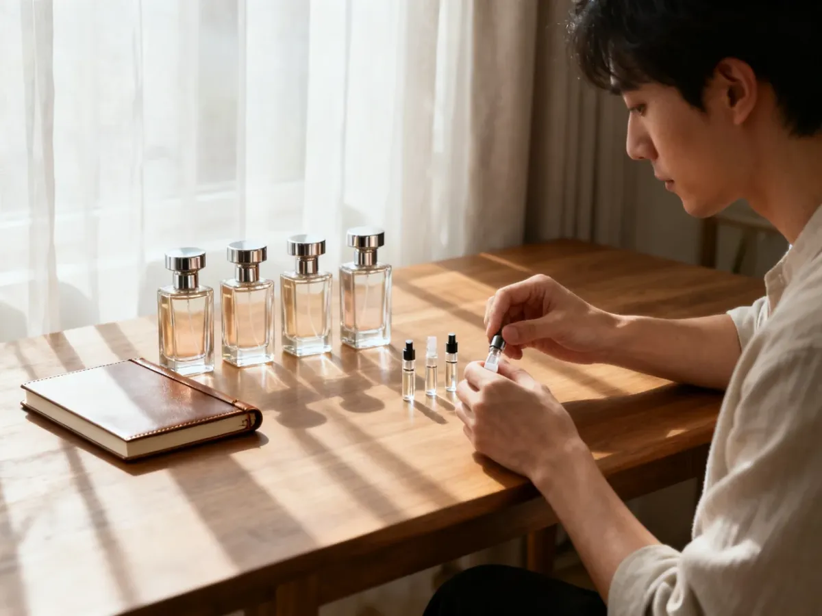 Testowanie próbek perfum przed wyborem flakonu