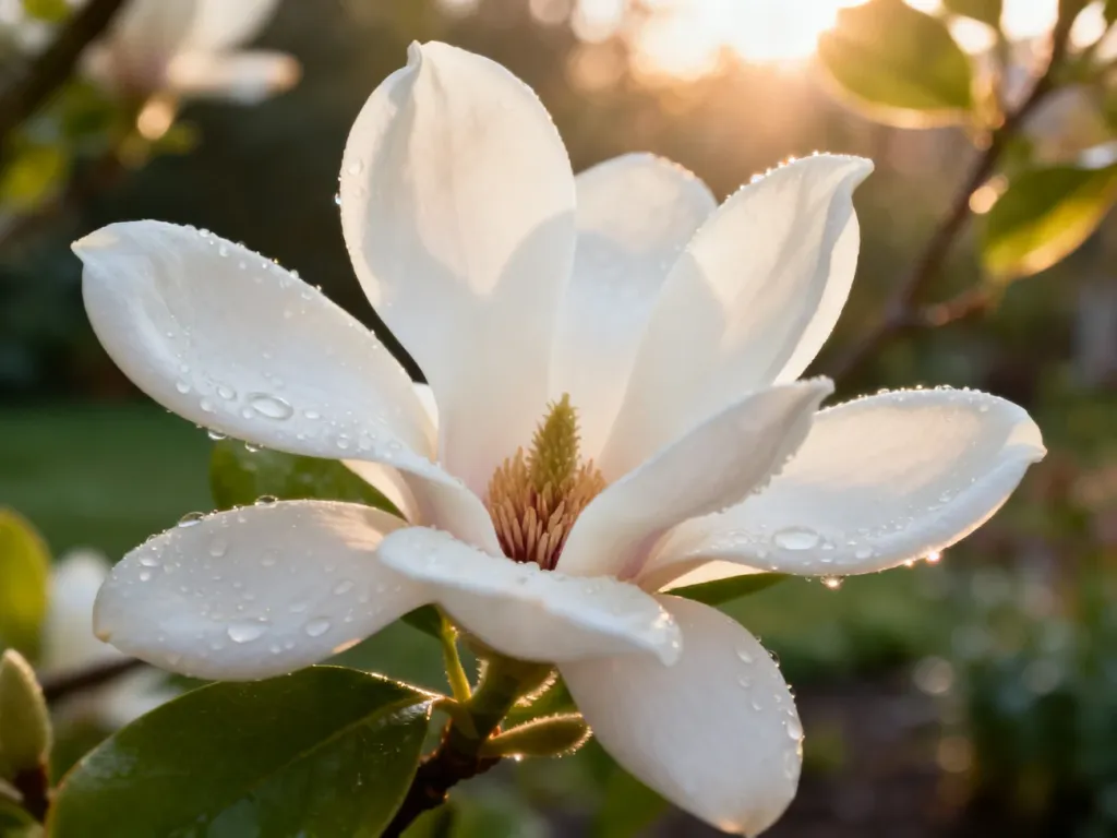 Delikatny kwiat białej magnolii z kroplami rosy w porannym świetle, podkreślający świeży i kwiatowy charakter perfum.
