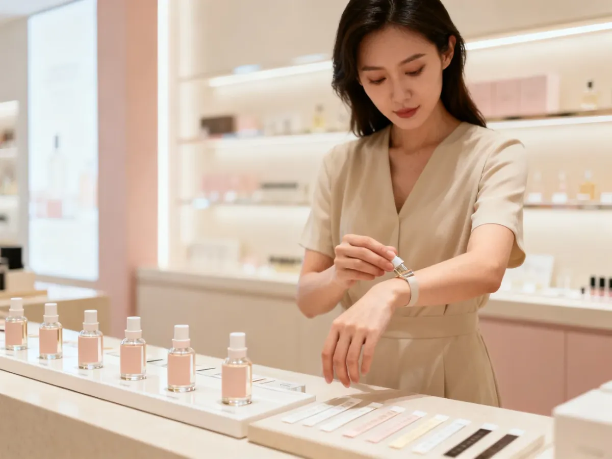 Kobieta testująca perfumy na nadgarstku przy użyciu flakonów i pasków zapachowych