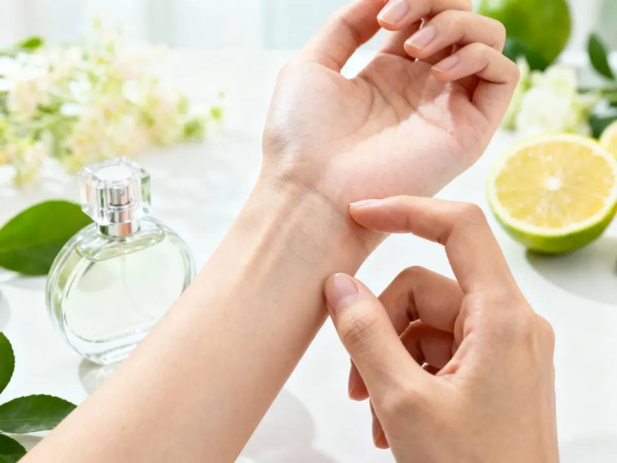 Testowanie perfum na nadgarstku przed zakupem