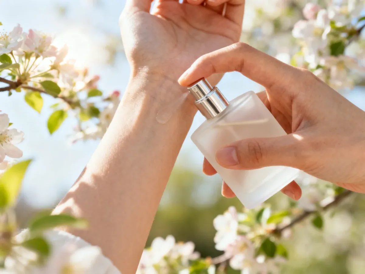 Aplikowanie perfum na nadgarstek w jasnym wiosennym otoczeniu