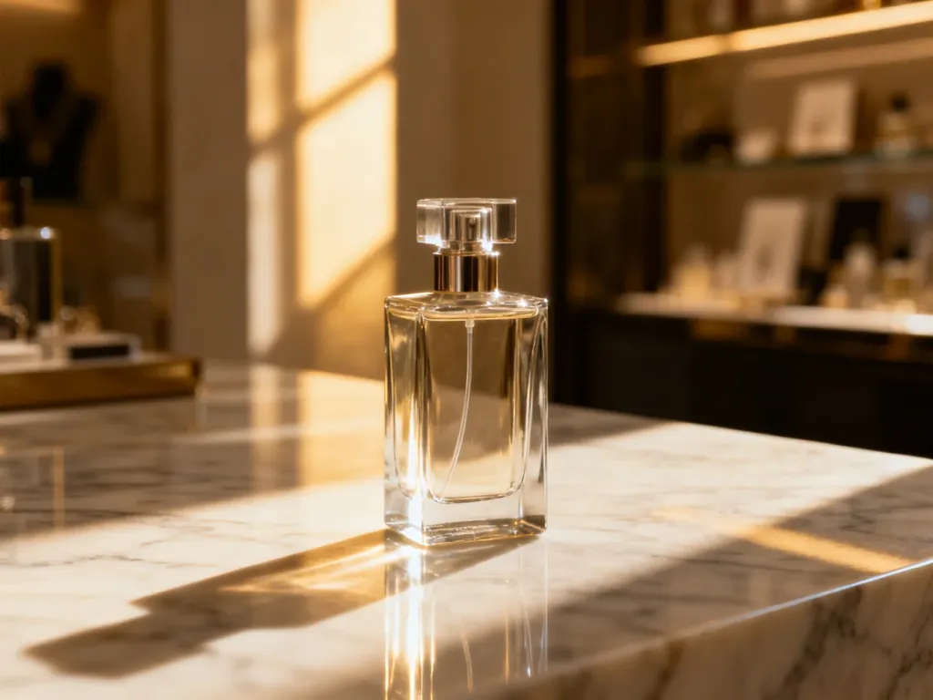 Minimalistyczny flakon perfum na marmurowym blacie w promieniach porannego słońca, podkreślający luksusowy charakter zapachu.