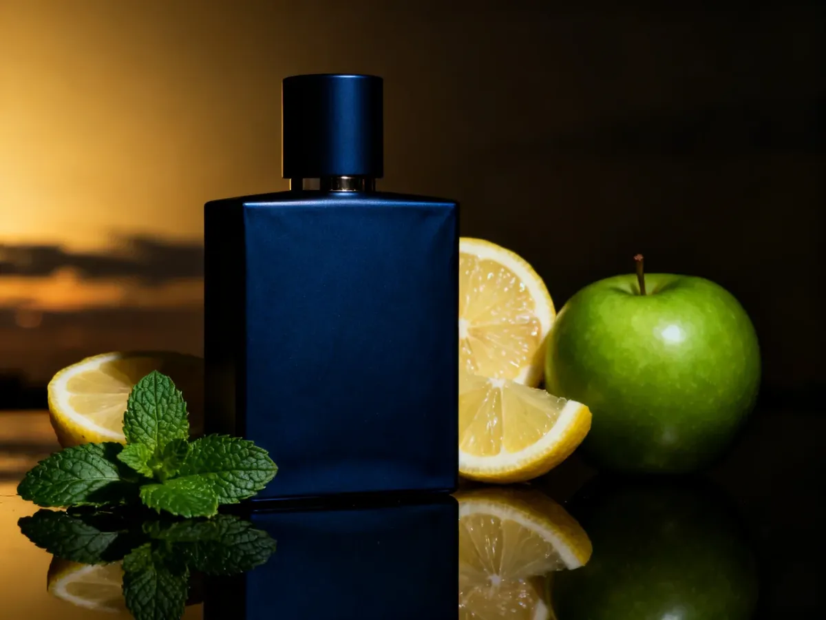 Flakon intensywnych męskich perfum otoczony miętą, cytryną i zielonym jabłkiem