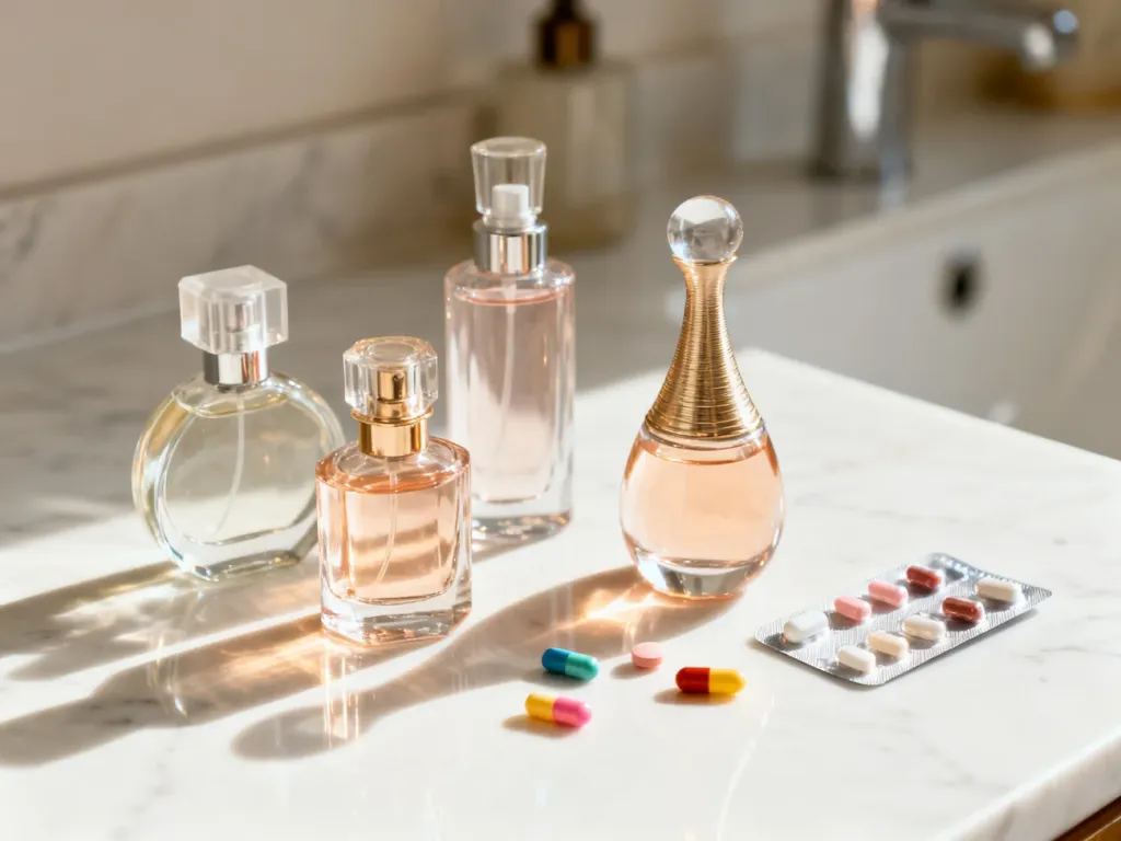 Eleganckie flakony perfum zestawione z tabletkami na marmurowym blacie, ilustrujące wpływ leków na trwałość zapachów.