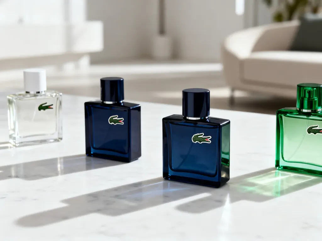 Eleganckie flakony perfum męskich Lacoste ustawione na białym marmurowym blacie w świetle poranka.