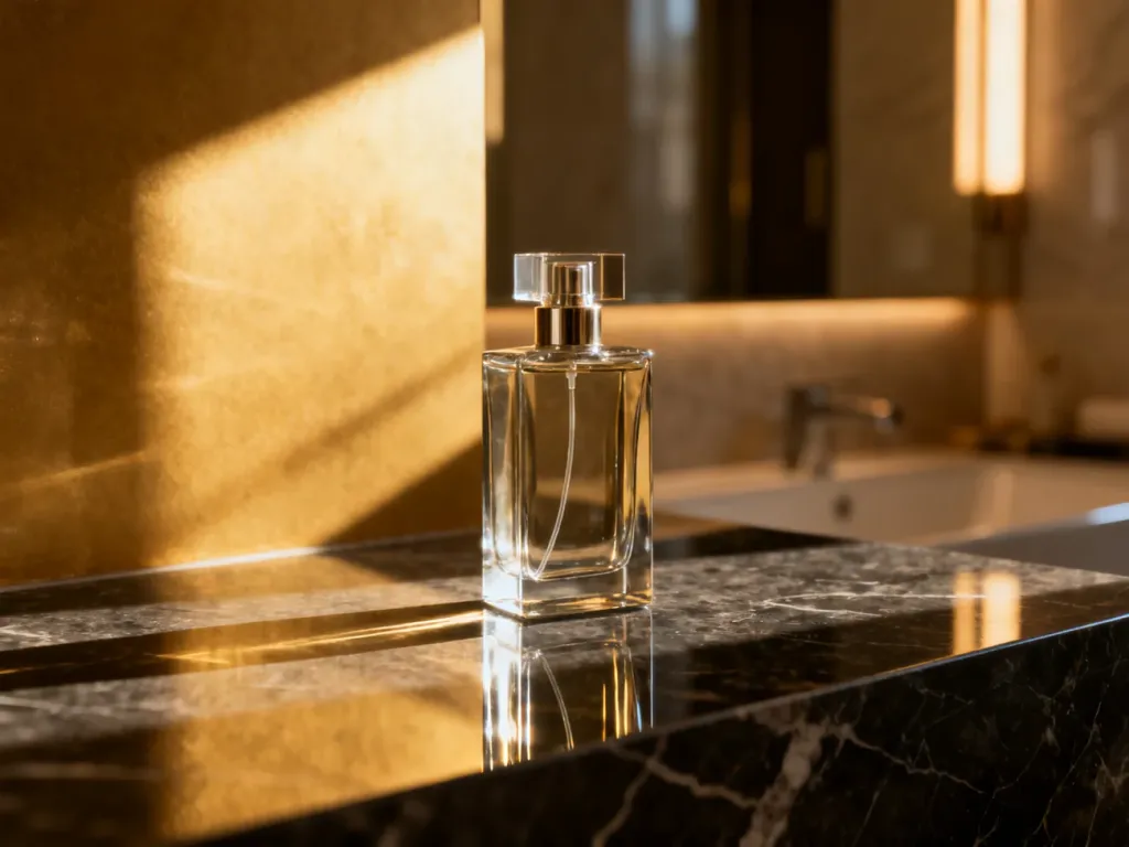 Elegancki flakon perfum Calvin Klein na ciemnym marmurowym blacie w promieniach zachodzącego słońca.