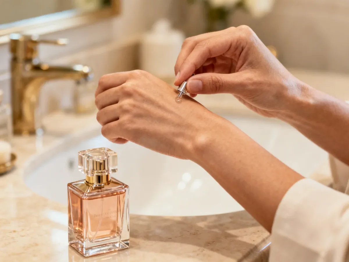 Osoba oszczędnie aplikuje perfumy na kilka punktów ciała