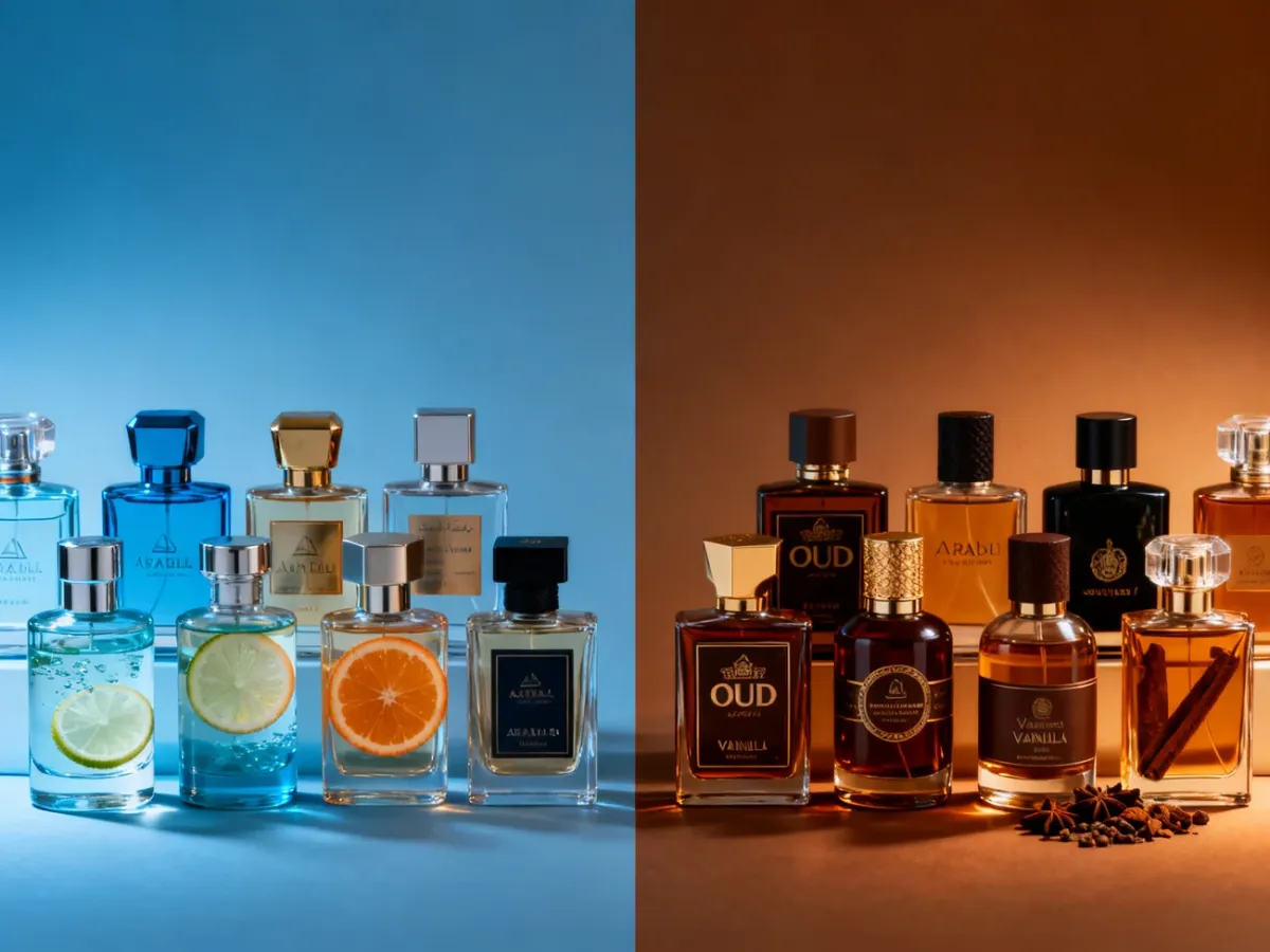 Różnorodne arabskie perfumy męskie od świeżych cytrusowych po ciężkie orientalne.