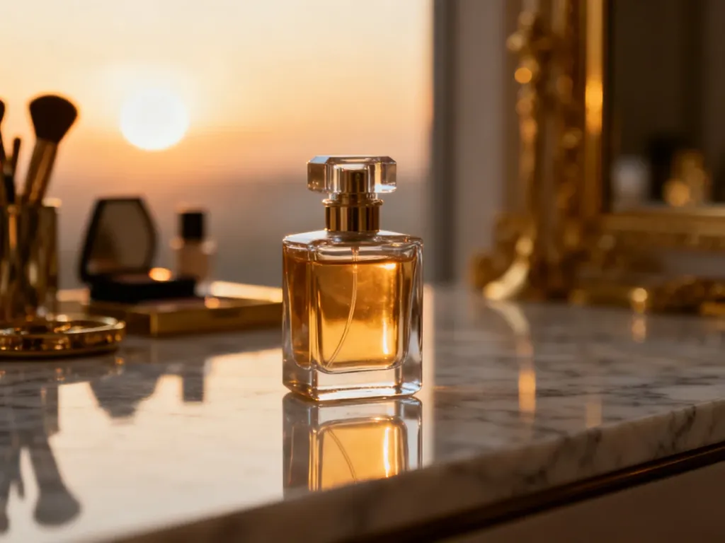 Elegancki flakon perfum Tom Ford na marmurowym blacie w ciepłym, wieczornym świetle podkreślającym luksusowy charakter zapachu.