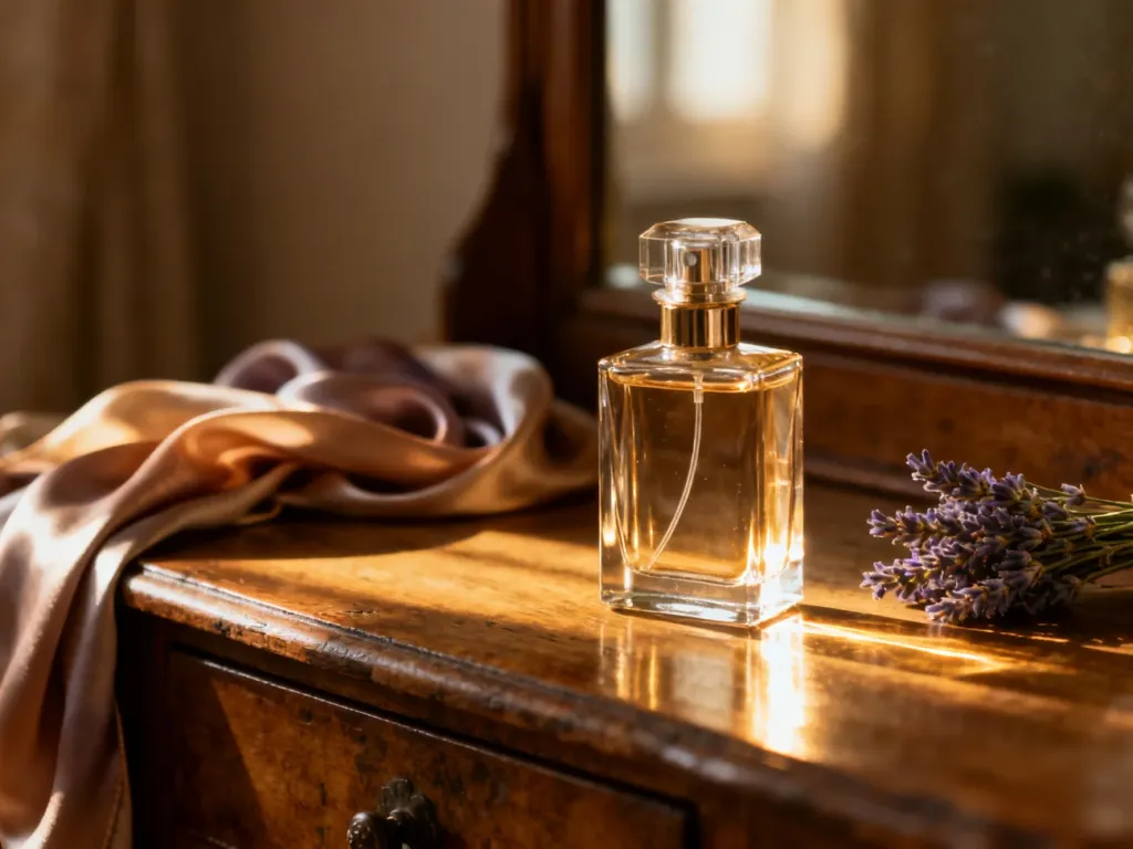 Elegancki flakon perfum na drewnianej toaletce w otoczeniu suszonej lawendy i jedwabiu w ciepłym świetle zachodzącego słońca.