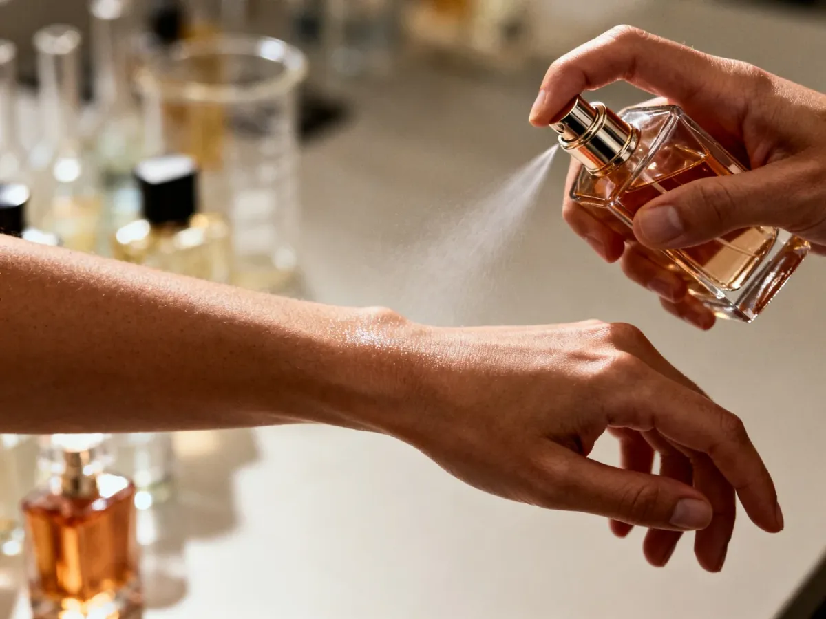A person applying perfume to their wrist